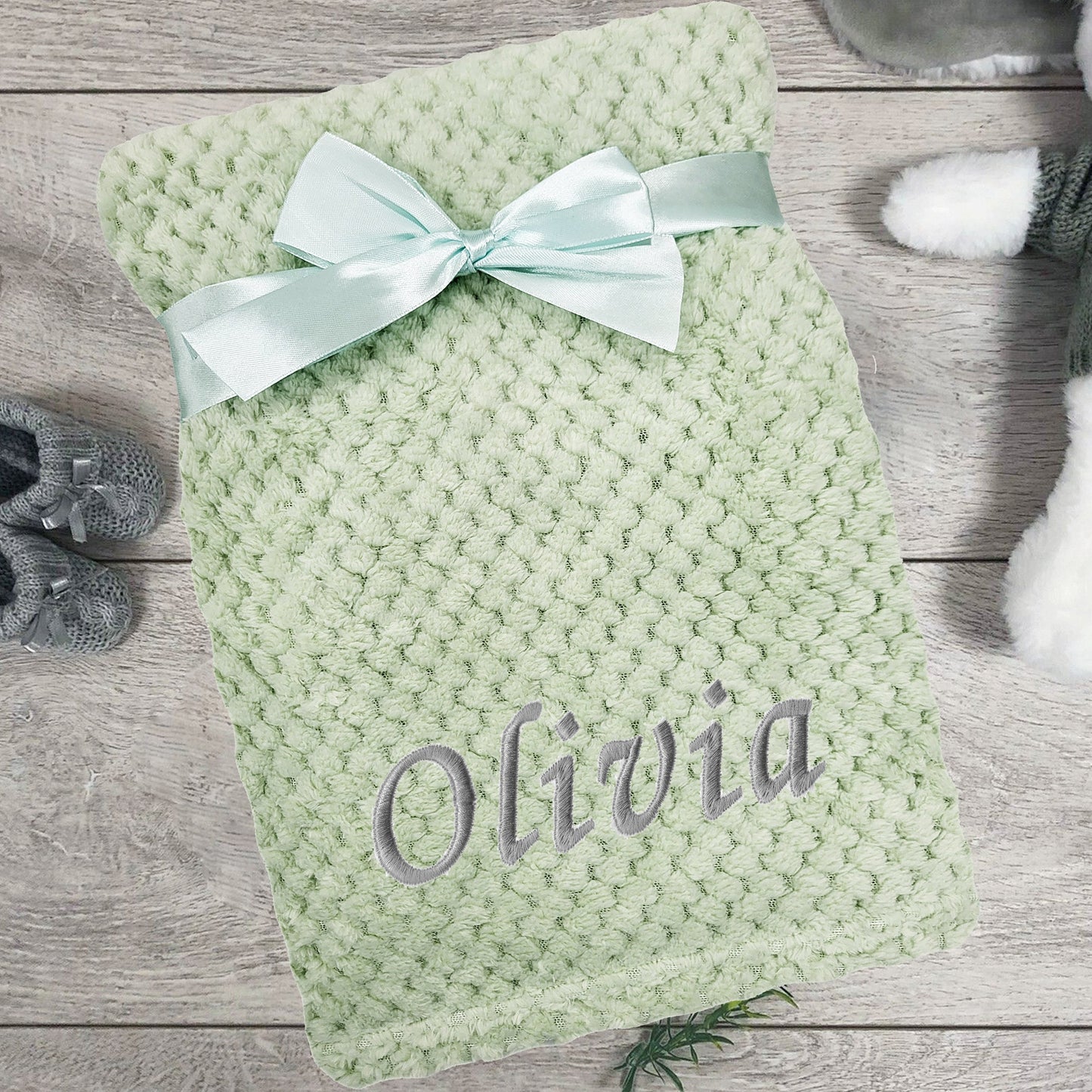 Personalised Baby Sage Green Waffle Blanket