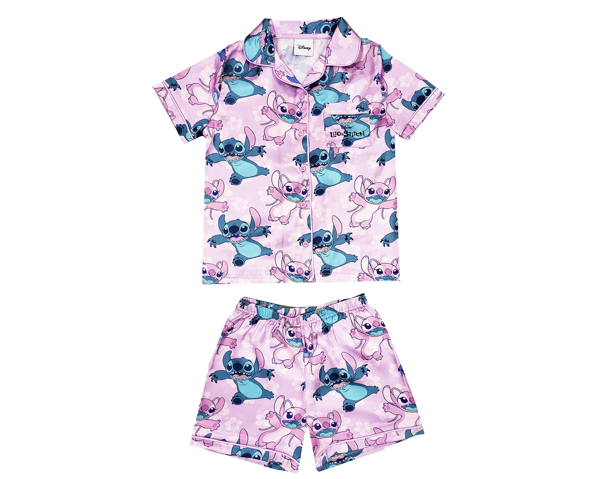 Lilo Short Button Up Pyjamas Girls Disney Lilo Stitch Satin Button