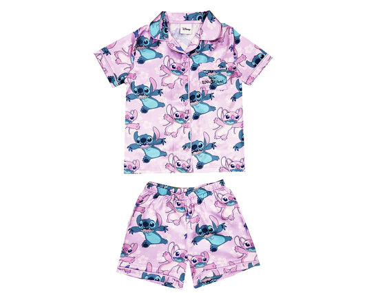 Girls Disney Lilo & Stitch Satin Button Short Pyjamas