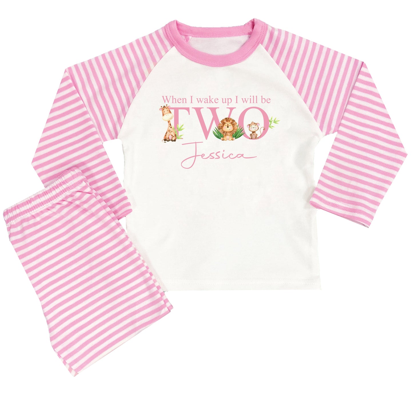 Personalised Girls Pink Stripe Safari When I Wake Up Pyjamas