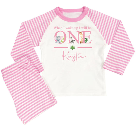 Personalised Girls Pink Stripe Safari When I Wake Up Pyjamas