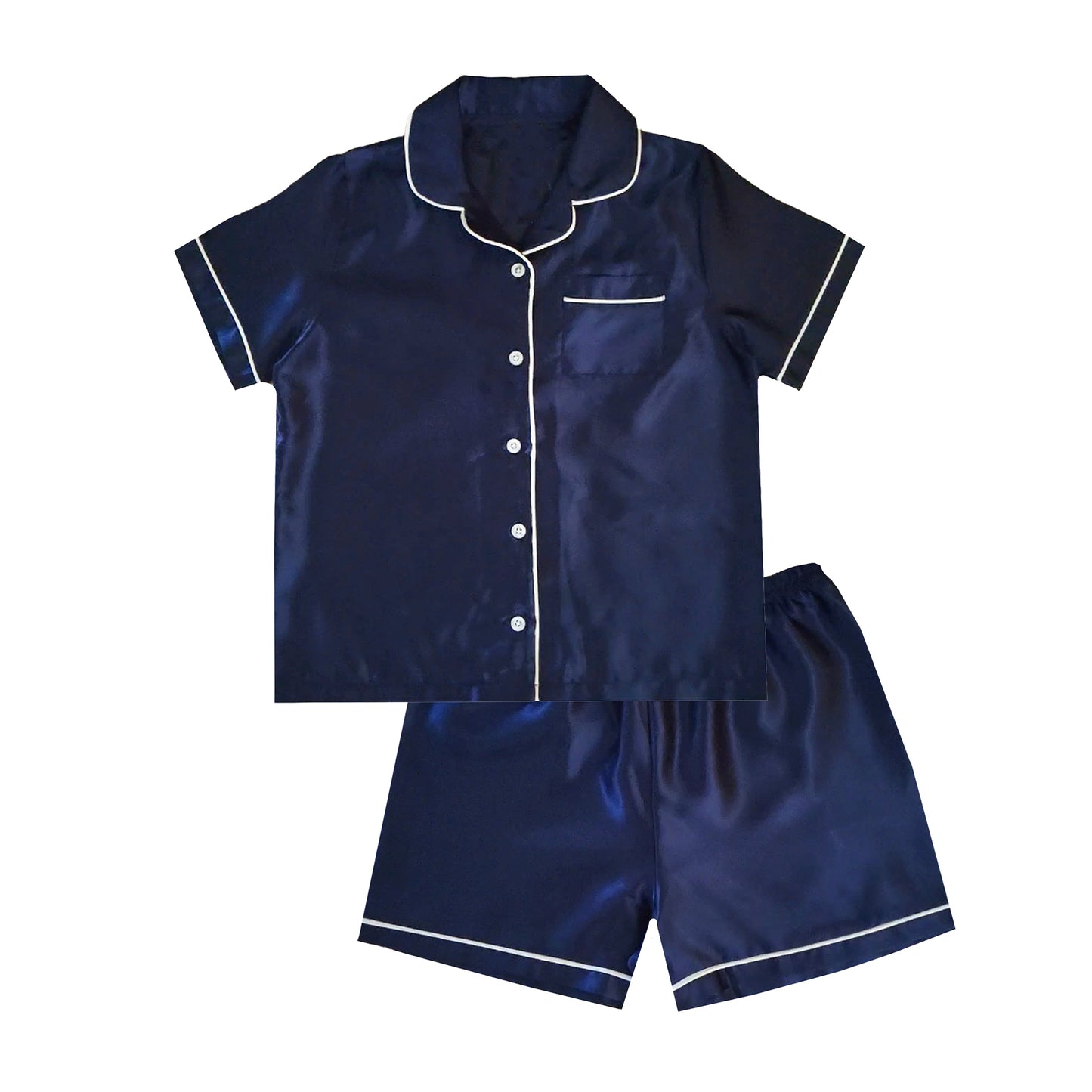 Girls Satin Short Button Pyjamas - Navy Blue