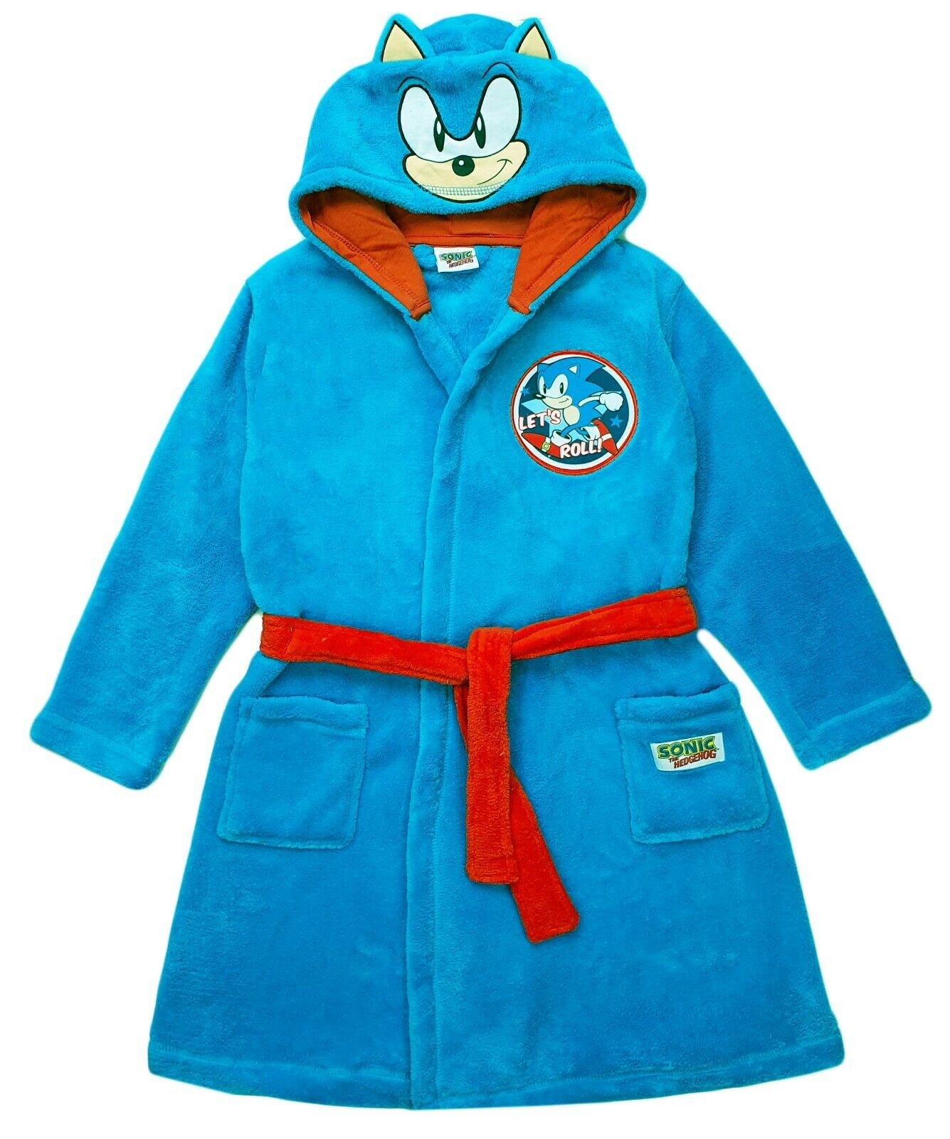 Blue sonic the hedgehog dressing gown with sonics face printed on the hood and a sonic 'Lets Roll' patch on the front chest. Finished with a bright red belt and sonic branding on the pockets.