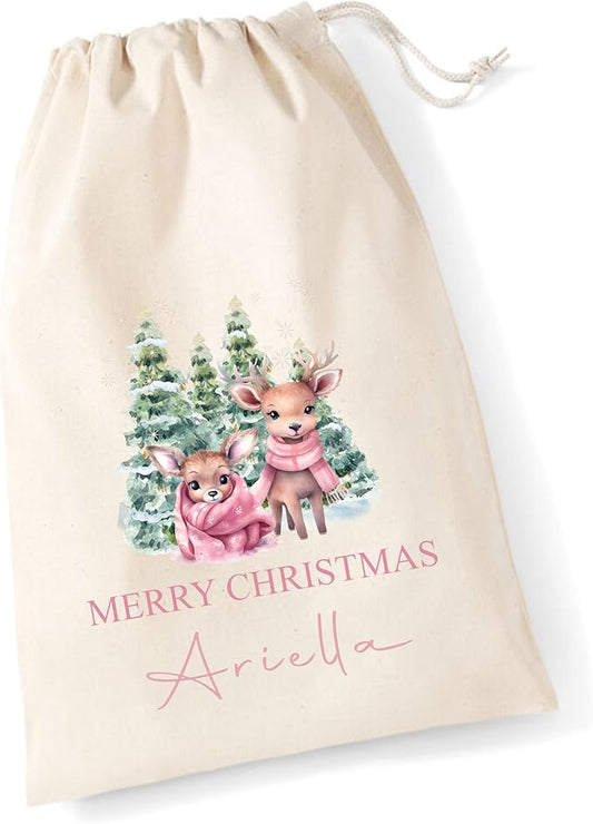 Girls Personalised Christmas Sack – Reindeer Design Custom Name Gift Bag Santa Sack with Drawstring