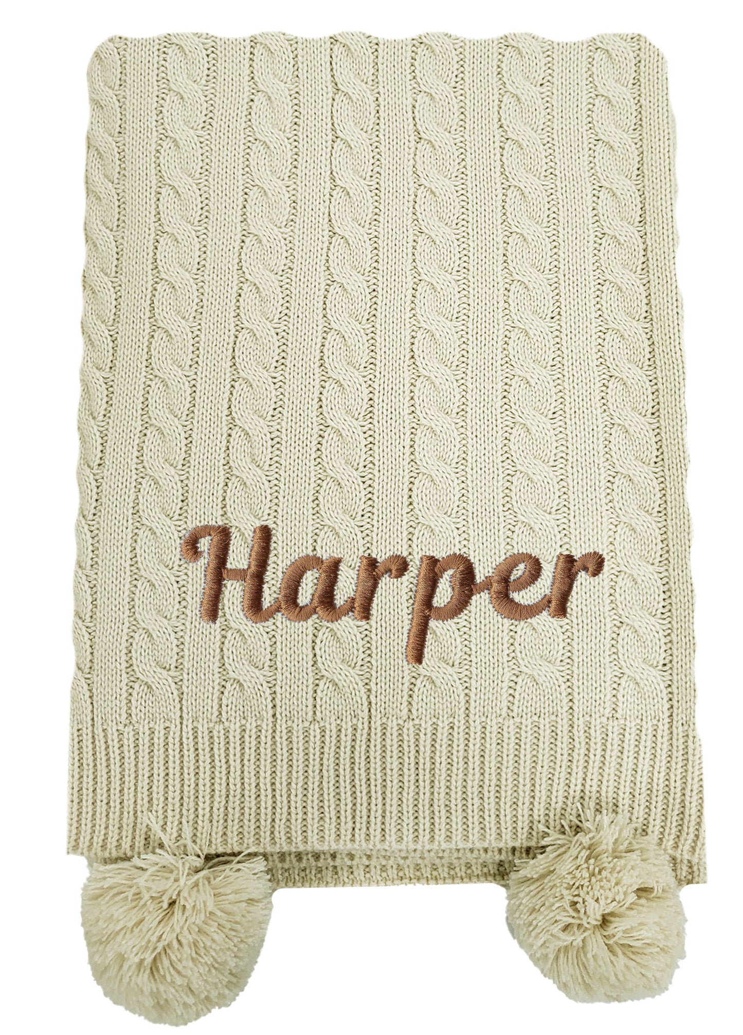 Personalised Baby Knitted Pom Pom Blanket - Beige