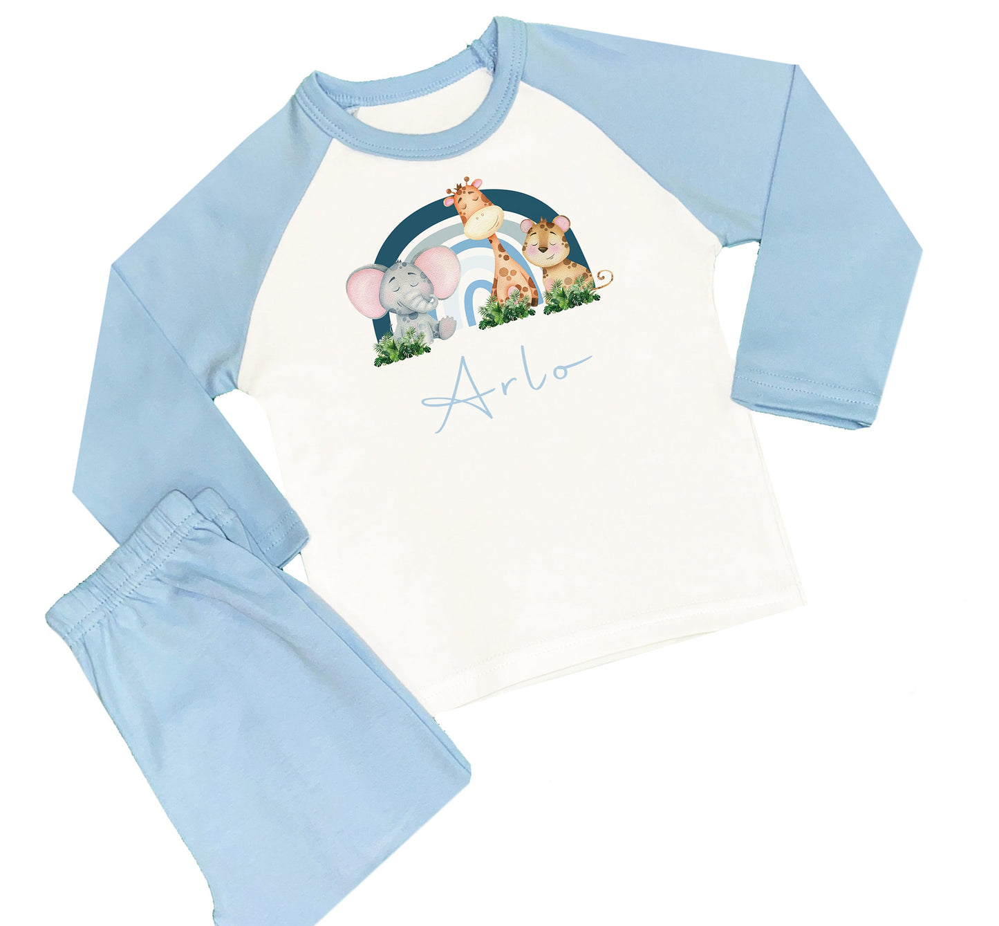 Personalised Boys Blue Safari Rainbow Pyjamas