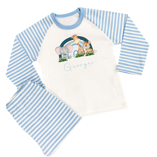 Personalised Boys Blue Safari Rainbow Pyjamas