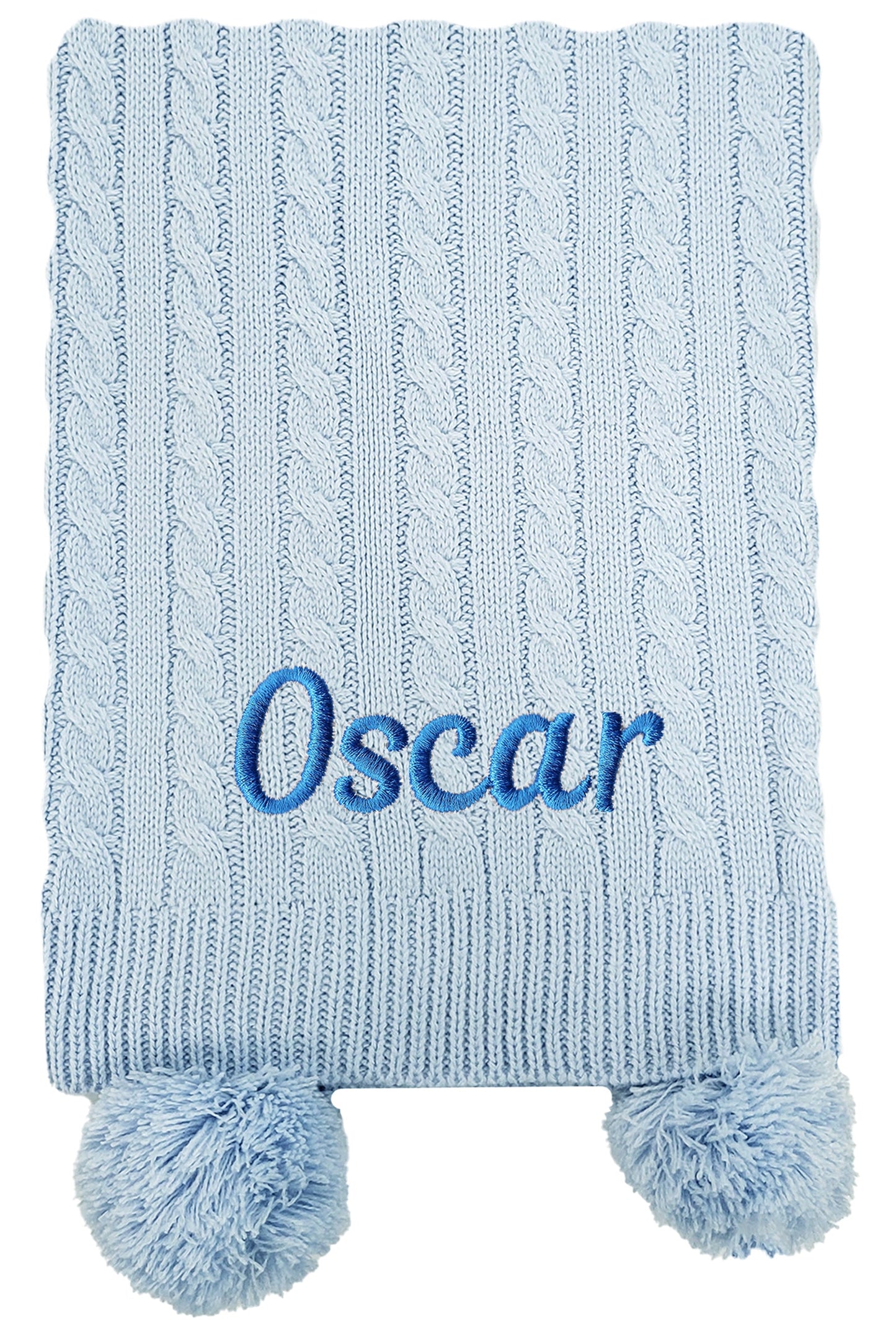 Personalised Baby Knitted Pom Pom Blanket - Light Blue