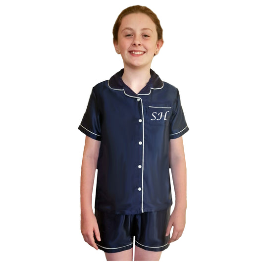 Girls Satin Short Button Pyjamas - Navy Blue