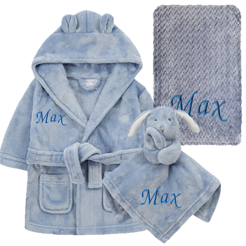 Personalised Dusky Blue Robe, Blanket & Comforter Gift Set