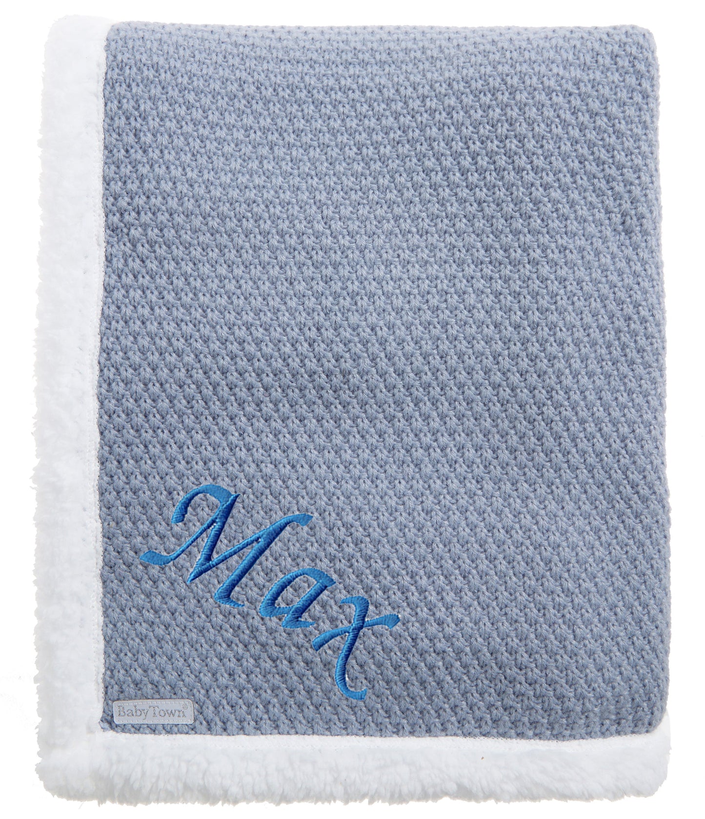 Personalised Baby Knitted Sherpa Blanket - Dusky Blue