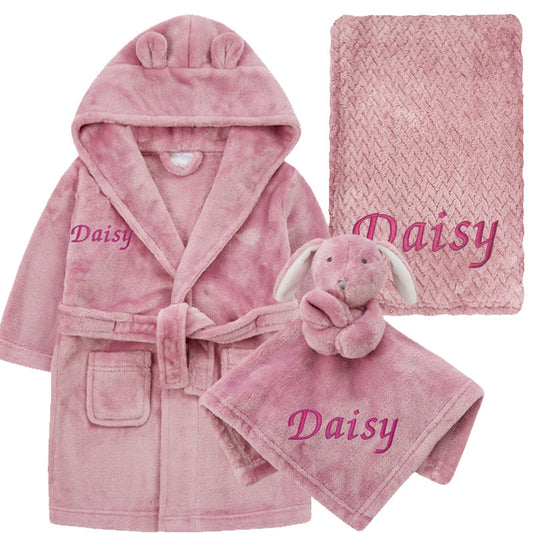 Personalised Dusky Pink Robe, Blanket & Comforter Gift Set