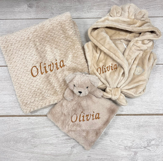 Beige Bear Dressing Gown, Blanket & Comforter Gift Set