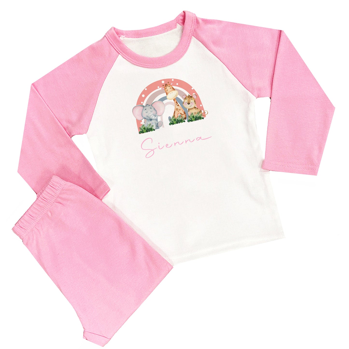 Personalised Girls Pink Safari Rainbow Pyjamas