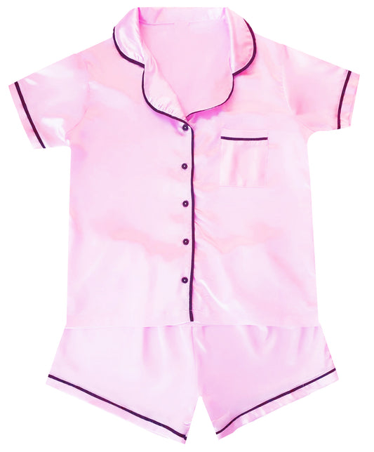 Girls Satin Short Button Pyjamas - Pink