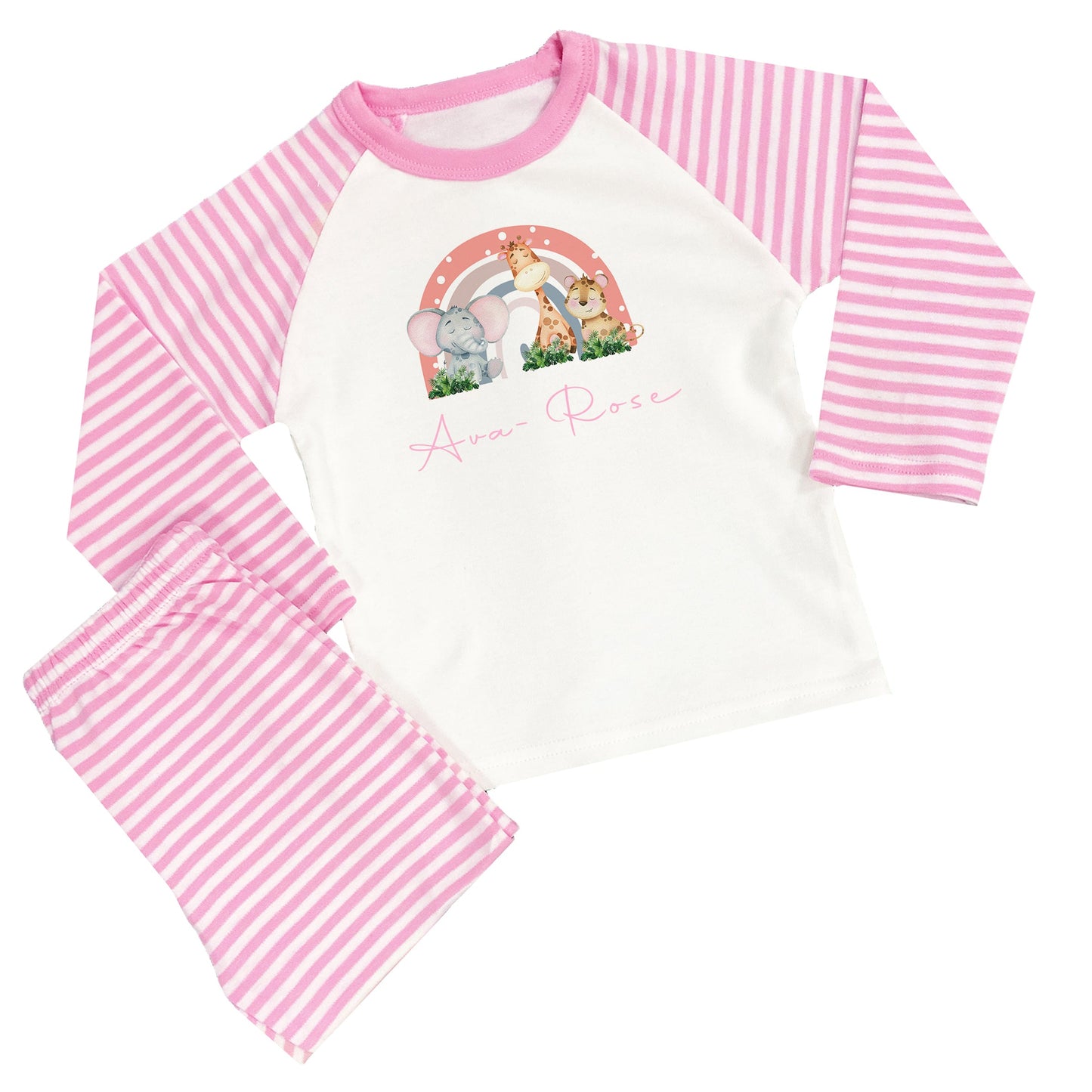 Personalised Girls Pink Safari Rainbow Pyjamas