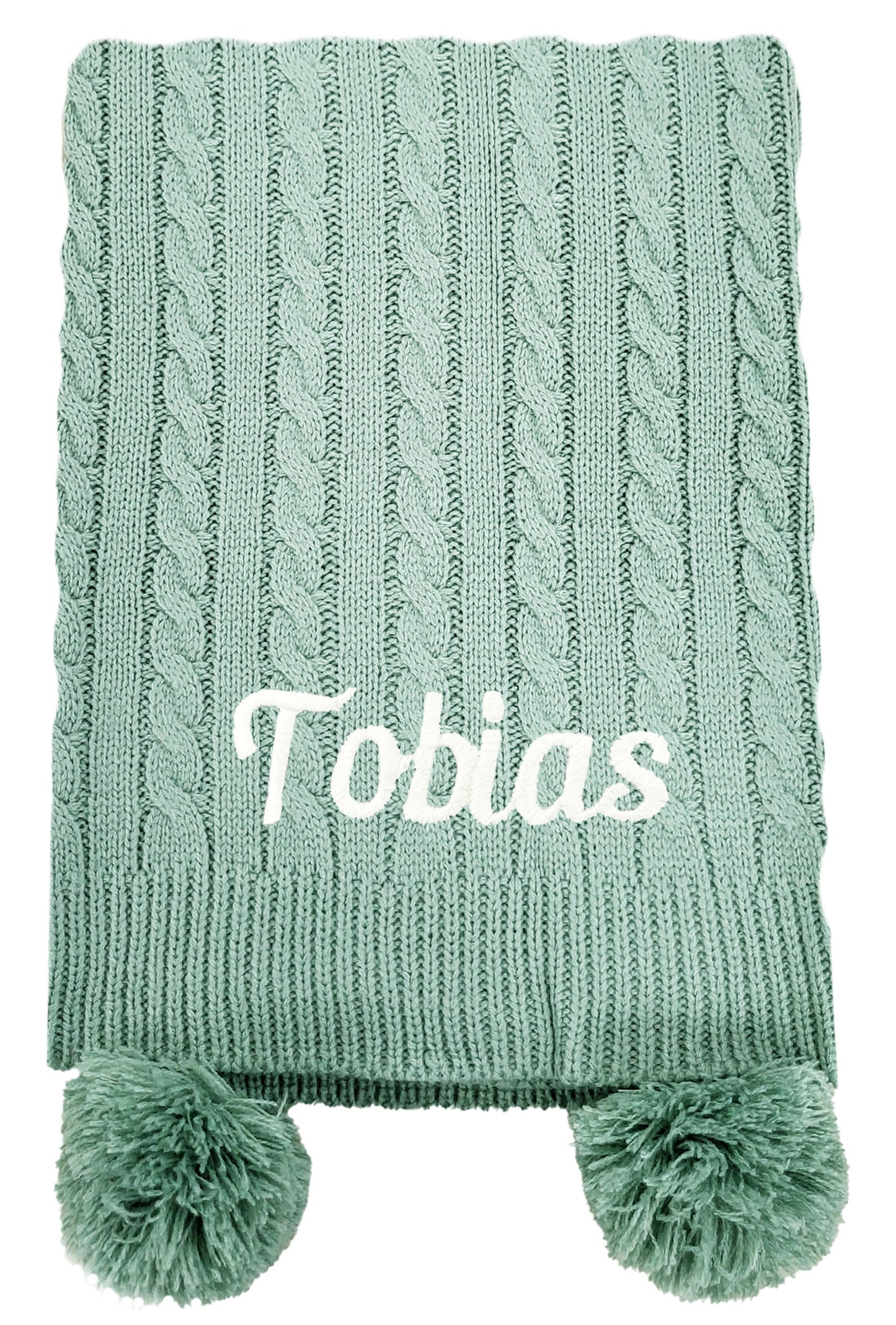 Personalised Baby Knitted Pom Pom Blanket - Sage Green