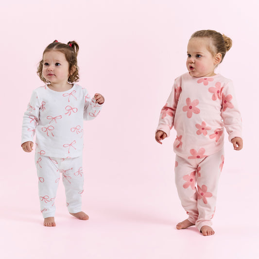 Girls 2-Pack Cotton Pyjama Set – Soft Baby & Toddler PJs (6–12 Months to 2–3 Years) – Floral & Bow Print Sleepwear