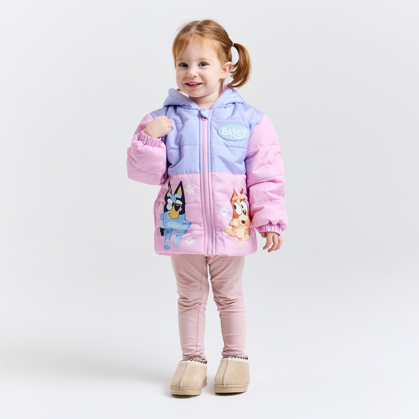 Girls Bluey Coat – Hooded Pink & Purple Puffer Jacket with Bluey & Bingo Print (Toddlers & Kids)