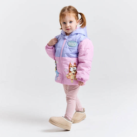 Girls Bluey Coat – Hooded Pink & Purple Puffer Jacket with Bluey & Bingo Print (Toddlers & Kids)