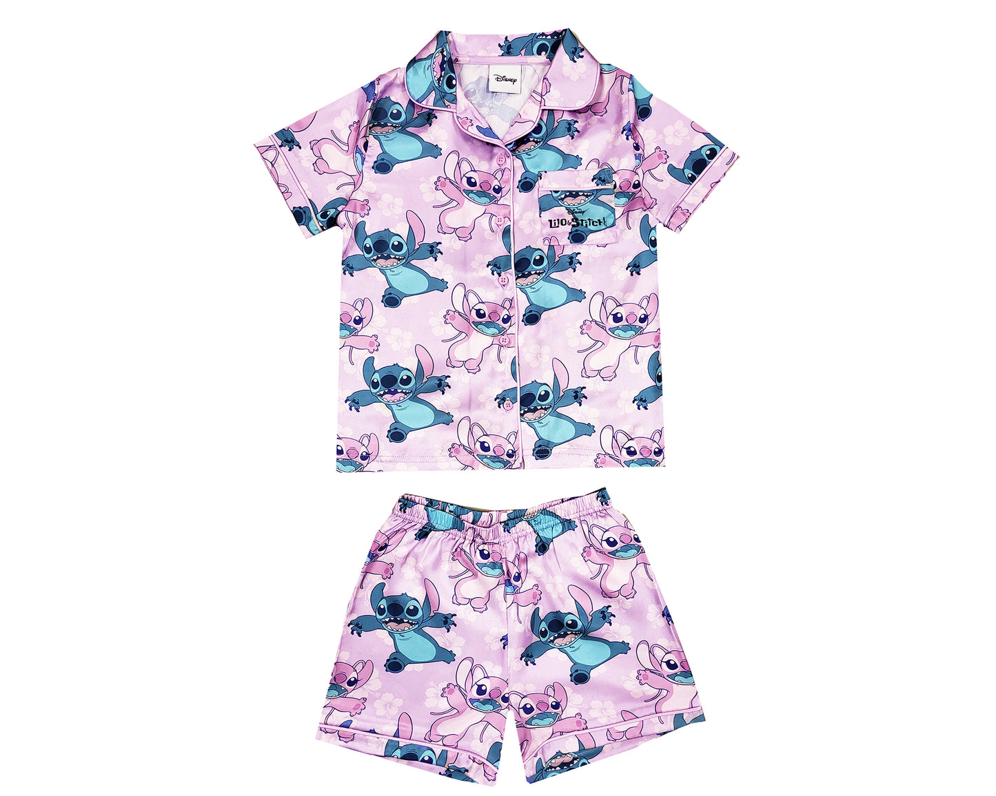 Girls Disney Lilo & Stitch Satin Button Short Pyjamas