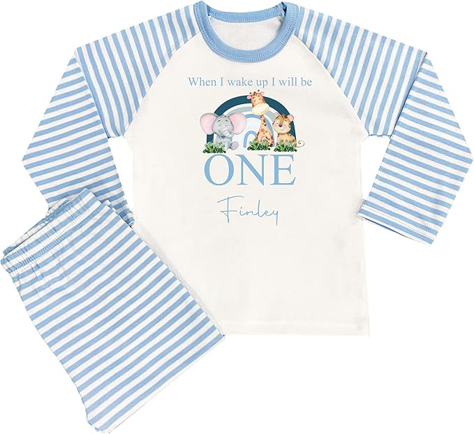 Personalised Boys Blue Safari Rainbow When I Wake Up Pyjamas