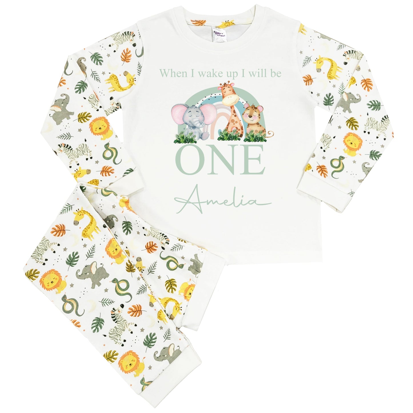 Personalised Jungle When I Wake Up Pyjamas - Jungle Sage Safari Rainbow