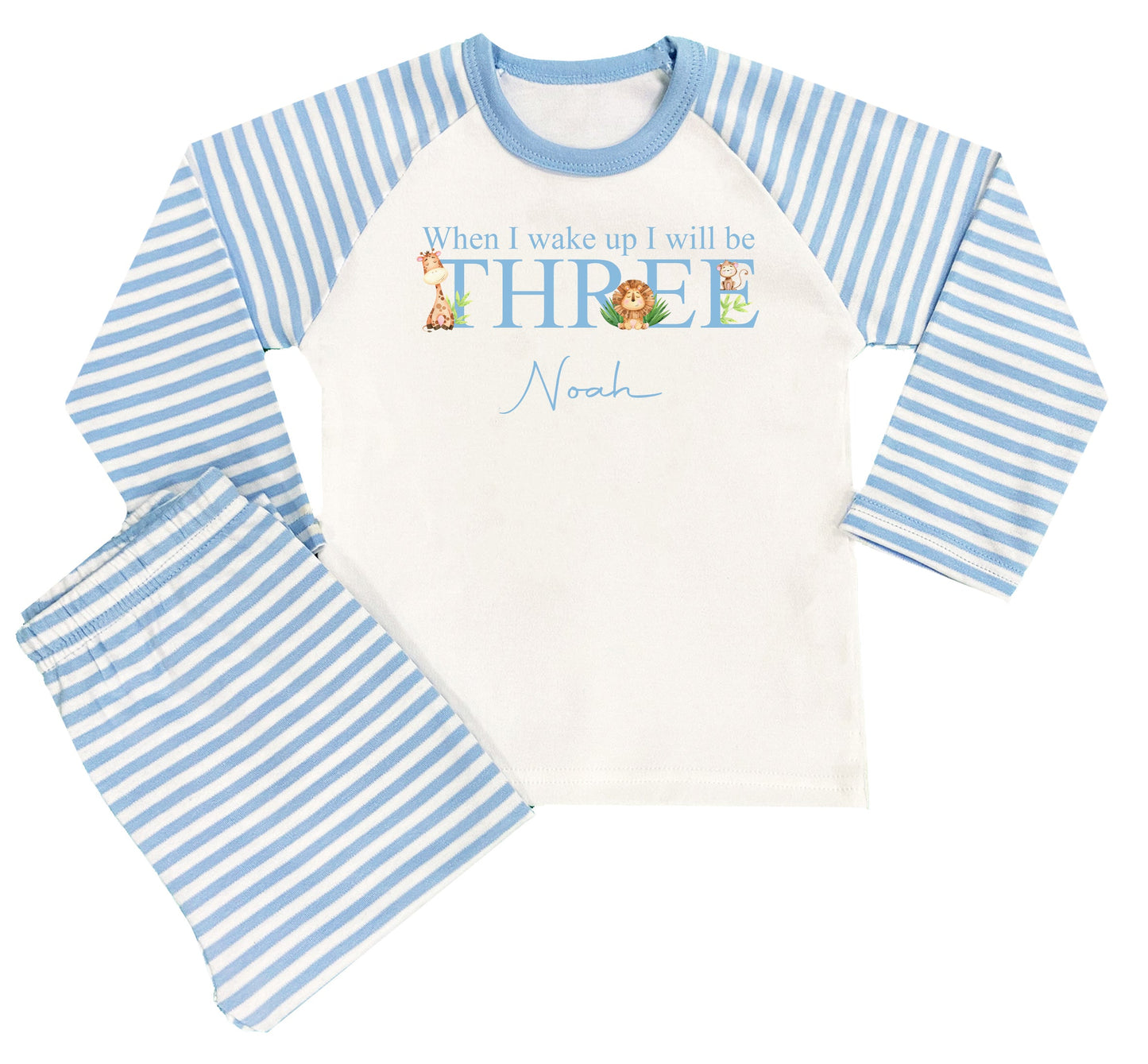 Personalised Boys Blue Stripe Safari When I Wake Up Pyjamas