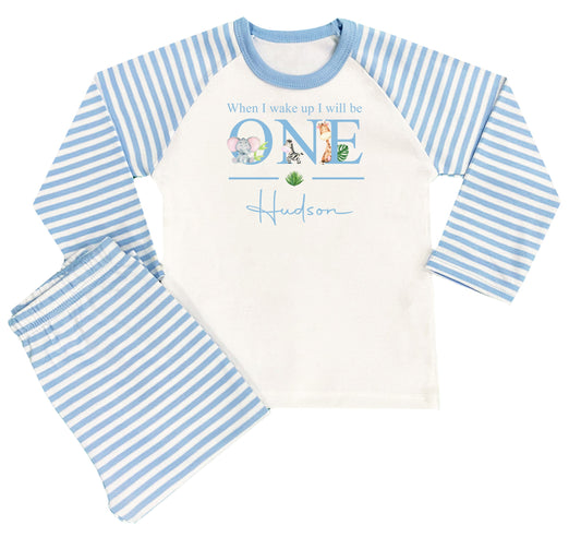 Personalised Boys Blue Stripe Safari When I Wake Up Pyjamas