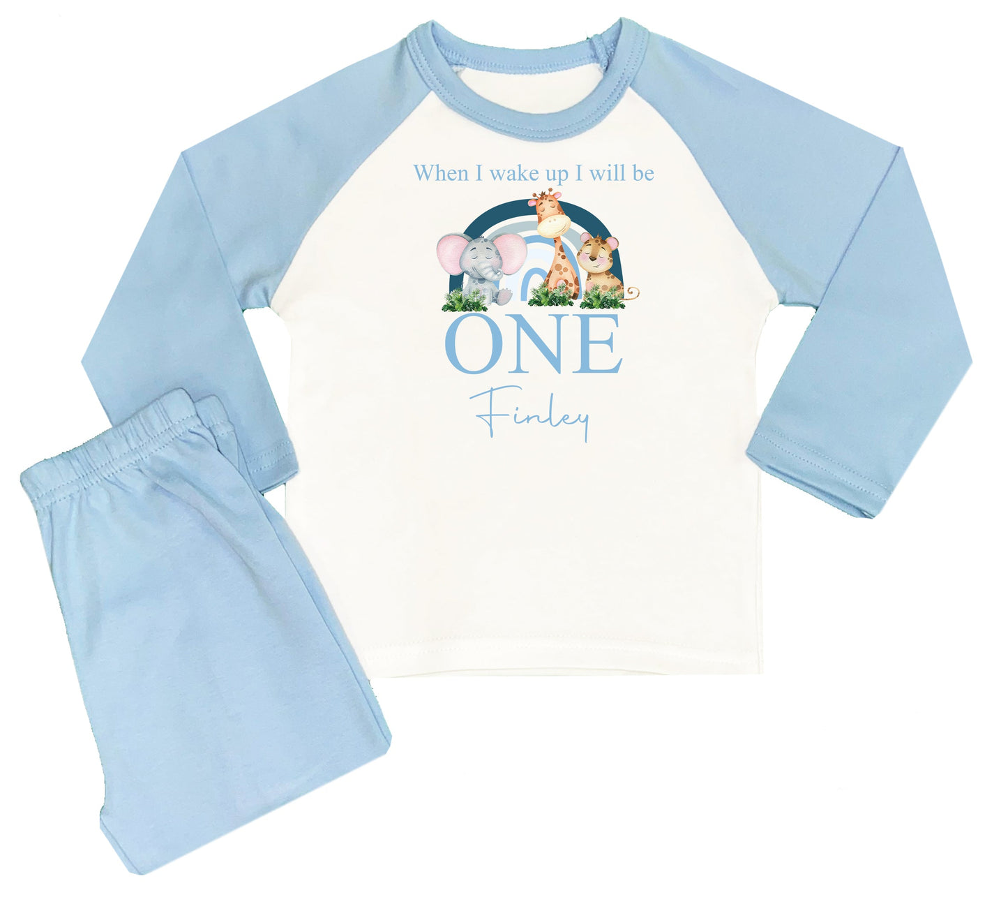 Personalised Boys Blue Safari Rainbow When I Wake Up Pyjamas