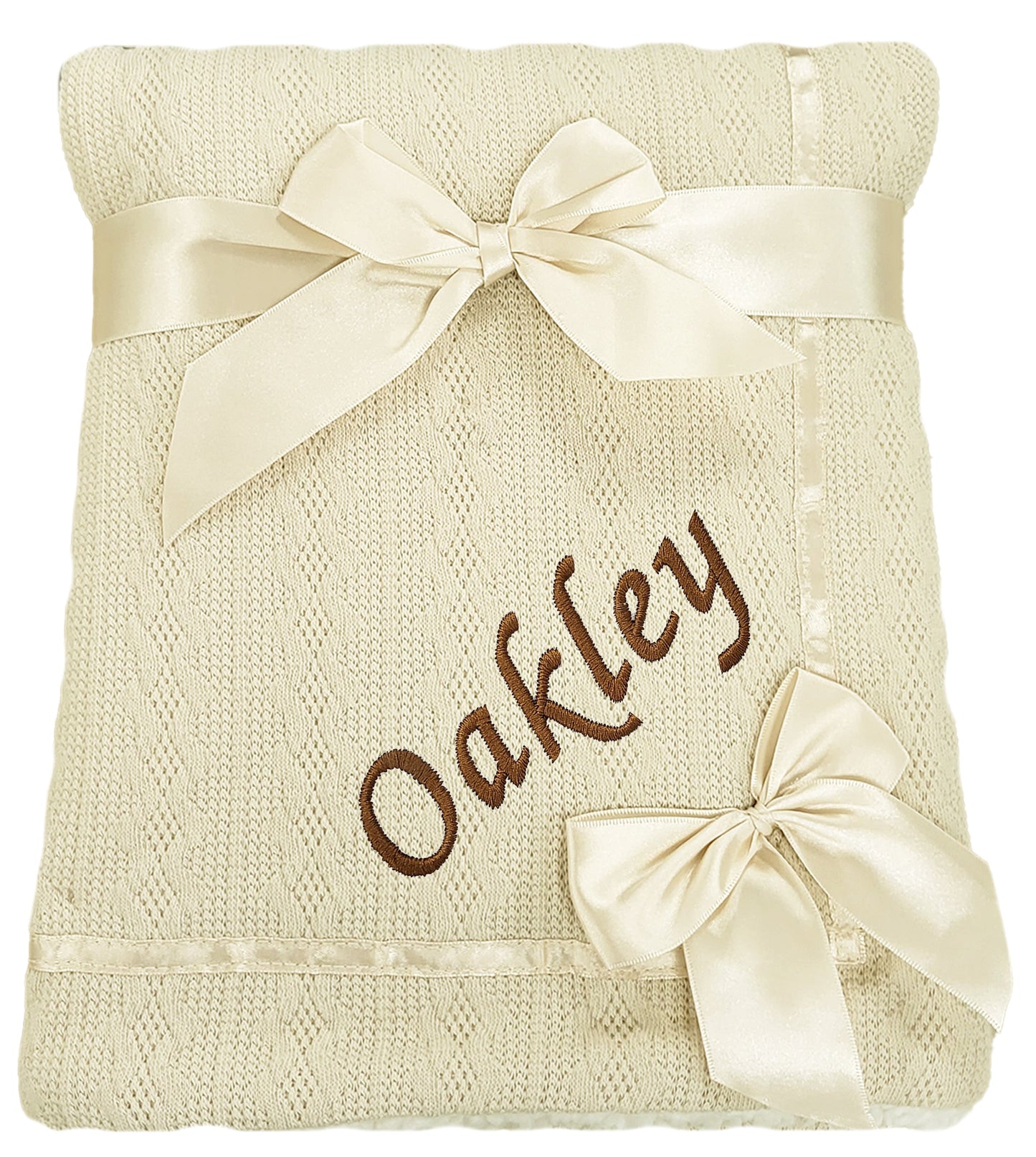 Personalised Baby Beige Knitted Bow Blanket