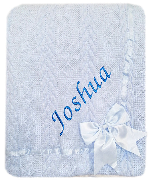 Personalised Baby Light Blue Knitted Bow Blanket