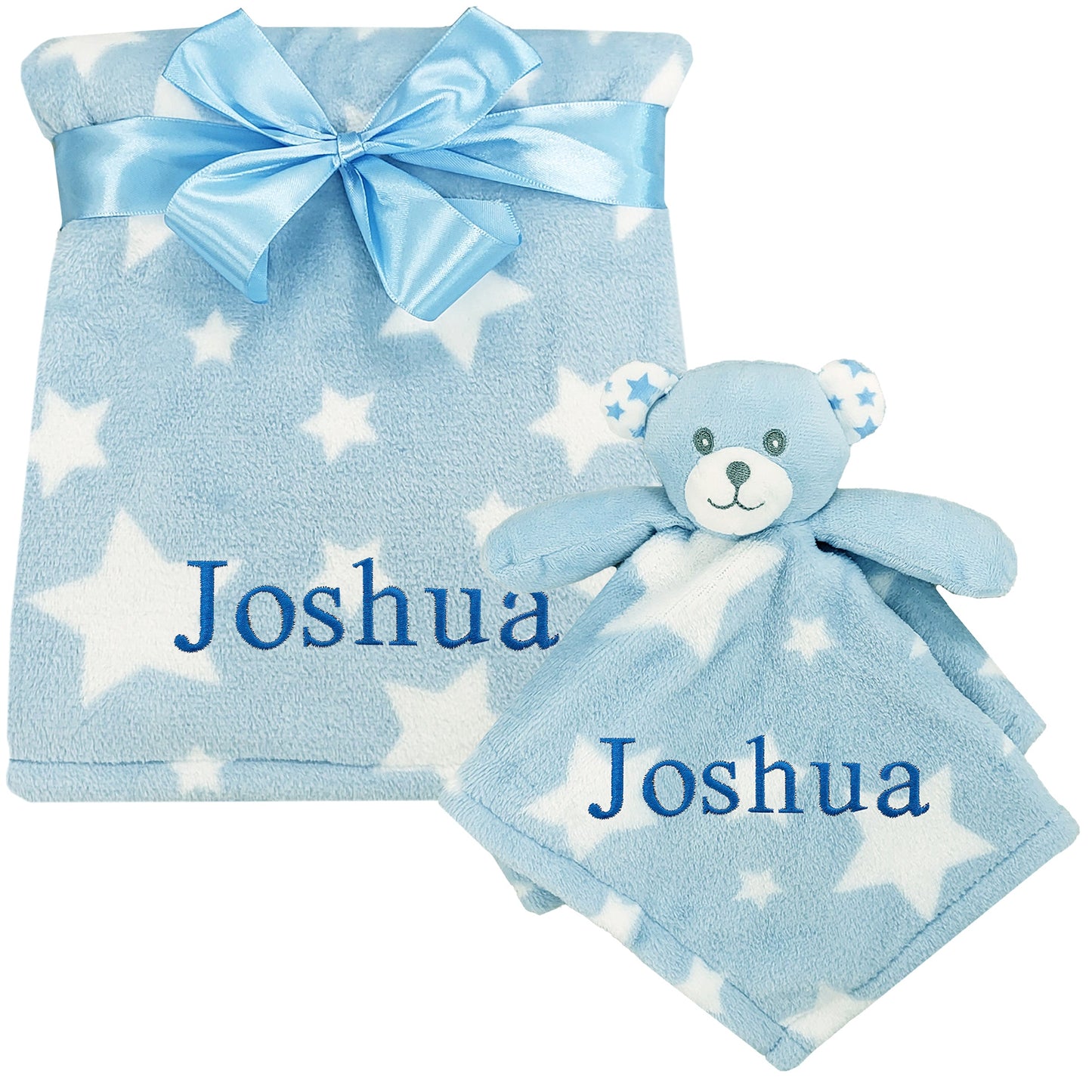 Personalised Baby Blue Star Teddy Comforter Blanket Set