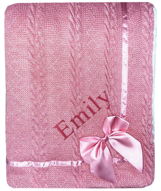 Personalised Baby Dusky Pink Knitted Bow Blanket