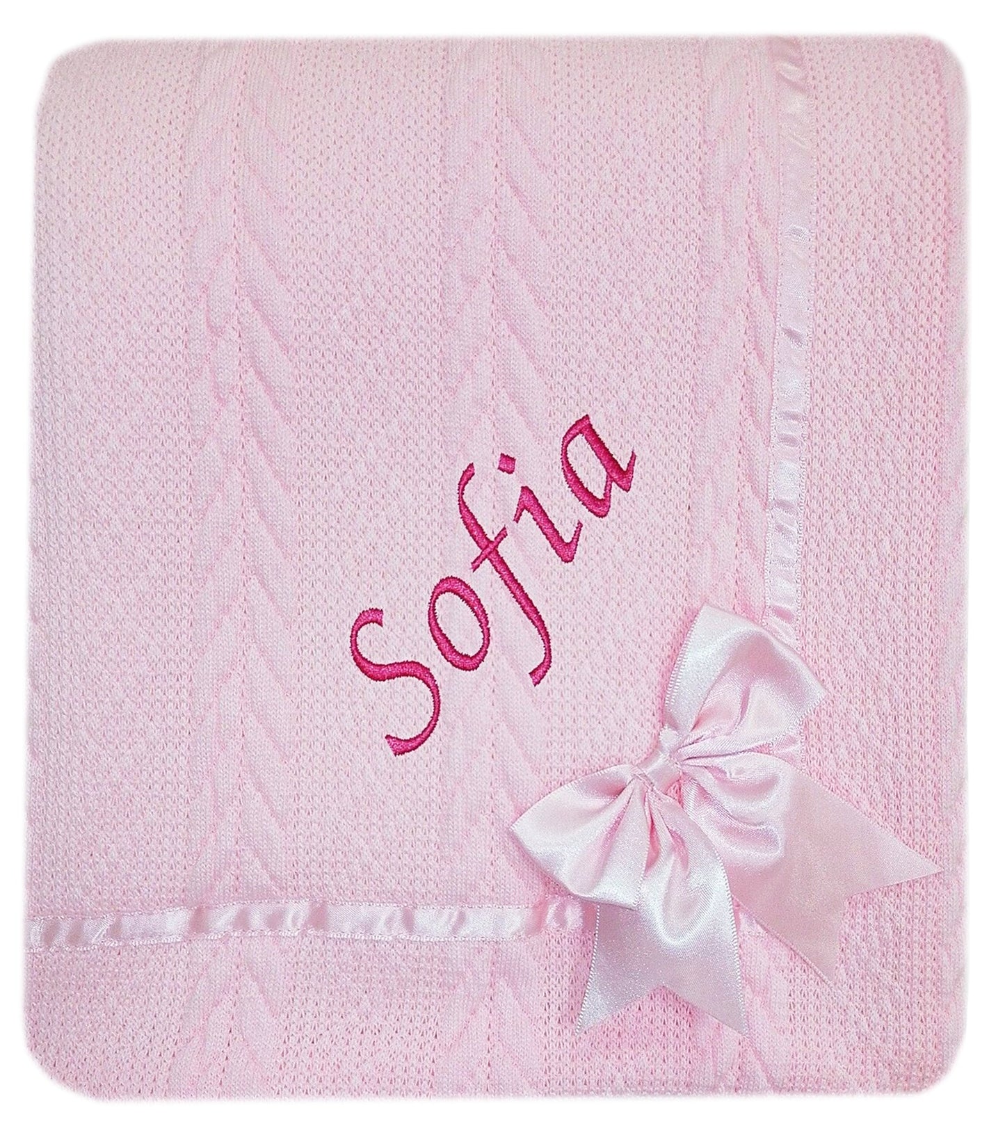 Personalised Baby Pink Knitted Bow Blanket