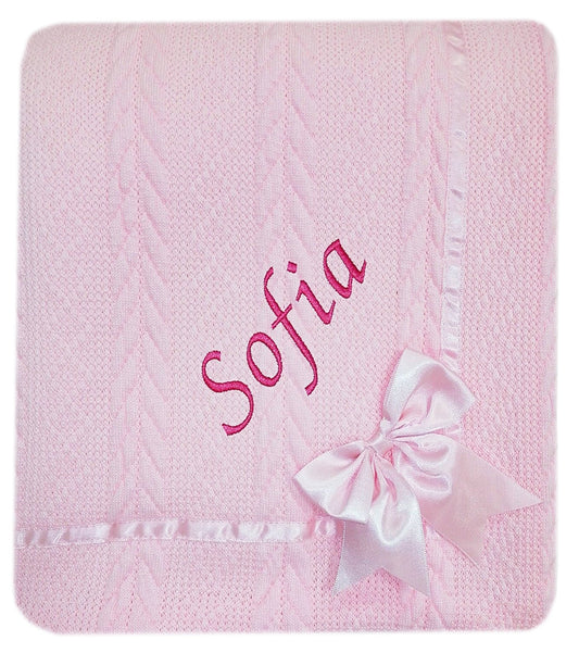 Personalised Baby Pink Knitted Bow Blanket