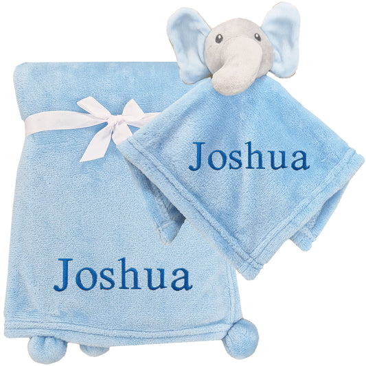 Personalised Baby Elephant Comforter Pom Pom Blanket Set - Blue