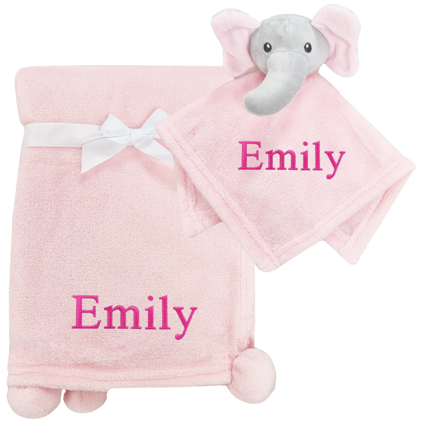 Personalised Baby Elephant Comforter Pom Pom Blanket Set - Pink