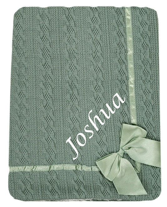 Personalised Baby Sage Green Knitted Bow Blanket