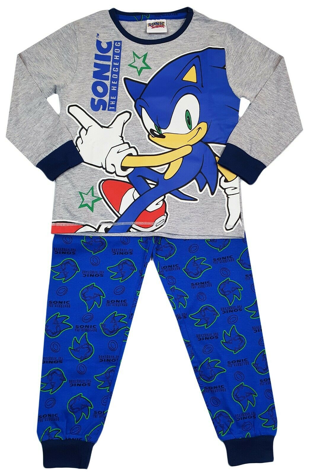 Boys sonic the hedgehog pyjamas, grey top featuring sonic and blue bottoms with a navy cuff, featuring and all over print of sonic's face