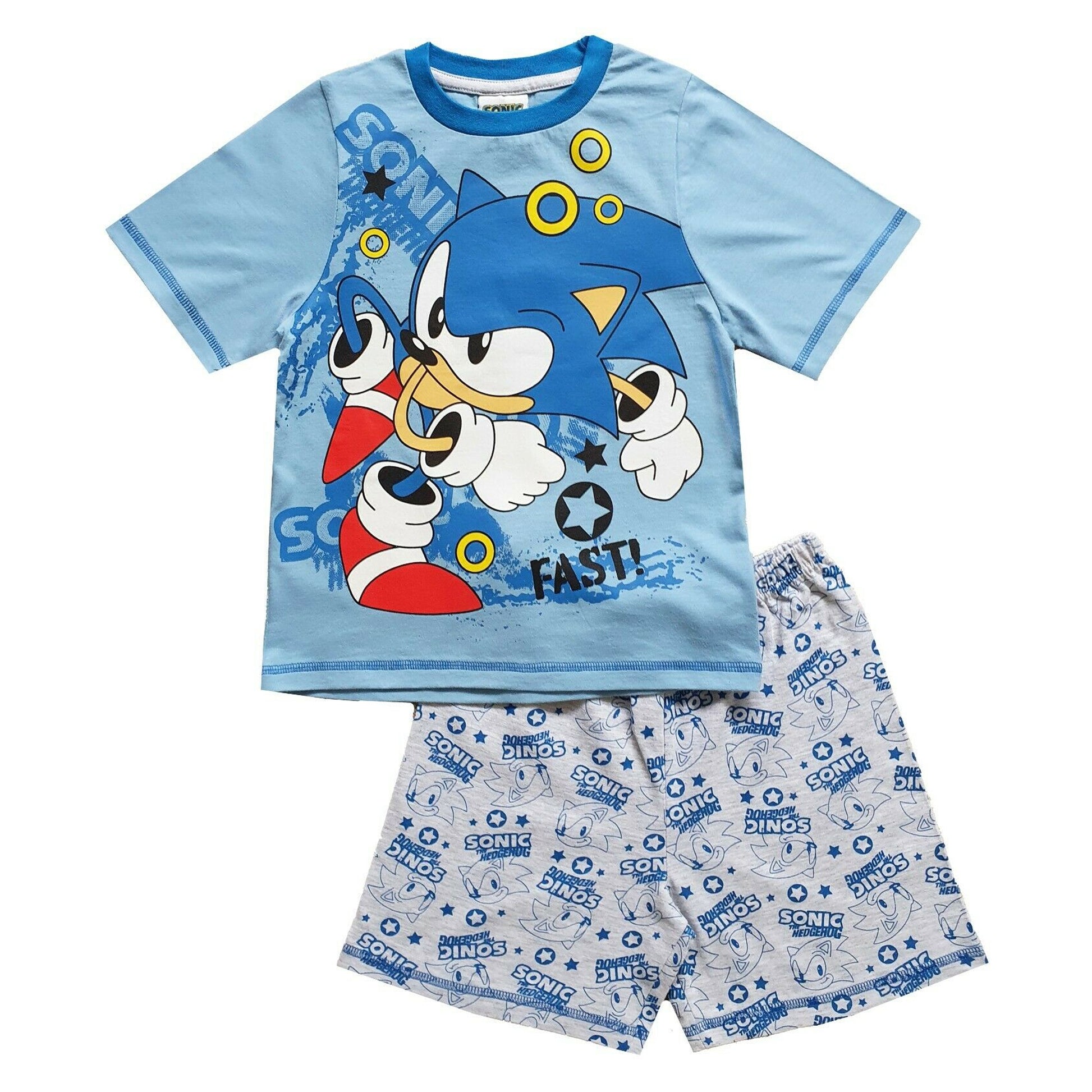 These Sonic the hedgehog pyjamas feature the speedster in a running pose surrounded by the iconic rings and sonic wording printed behind. Matched with a super cool pair of grey marl shorts with an all over print of sonic.