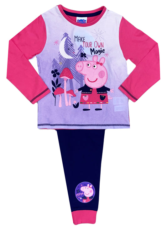 lilac and pink peppa pig pjs are perfect for any peppa fan girl. The lilac top features an adorable peppa pig design and 'make your own magic' slogan at the top. Matched with dark purple legs finished with a peppa pig patch and pink cuffs.